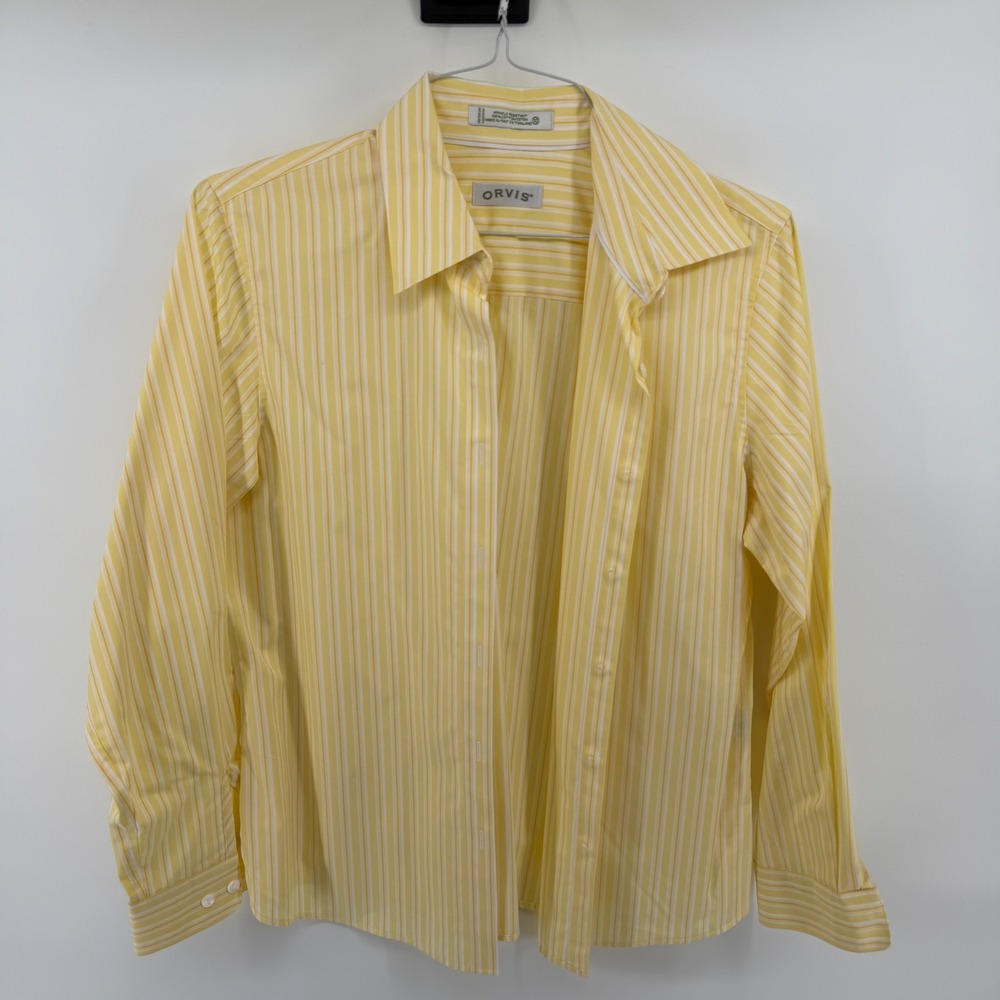 Orvis Womens Yellow White Striped Button‎ Down Shirt Wrinkle Resistant Cotton 10